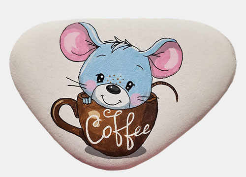 hand painted rock of a mouse in a cup of coffee