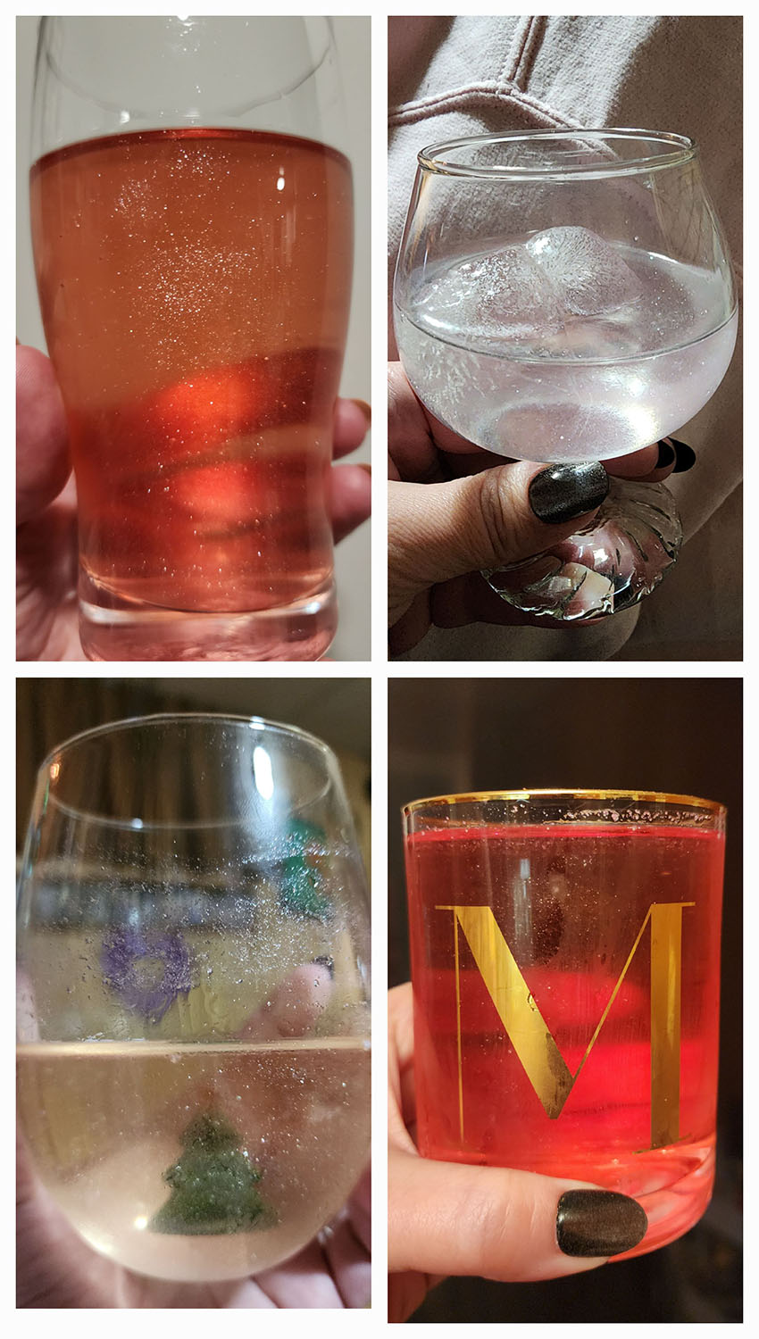 4 drinks sparkling with edible glitter.